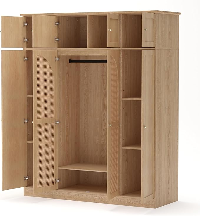 4 Doors Large Armoire Wardrobe Closet with Rattan Doors, 70.87" Tall Freestanding Wooden Closet Wardrobe Cabinet with Hanging Rod and Adjustable Shelves, Clothing Storage Cabinet for Bedroom, Natural