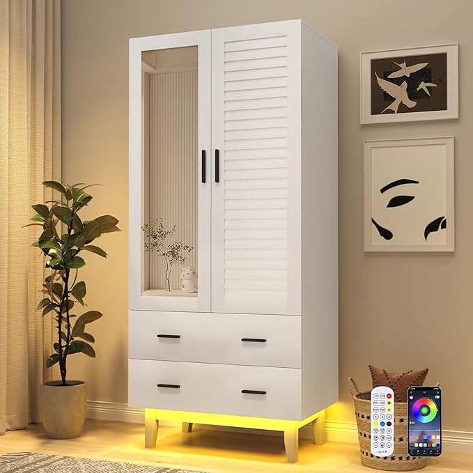 jiteentarou 2 Door Armoire Wardrobe Closet Cabinet with Drawers and LED Lights, Multi-Tier Shelves, Hanging Rod & 2 Louver Doors, Large Capacity Storage Wardrobe Armoire for Bedroom(2 Doors White)
