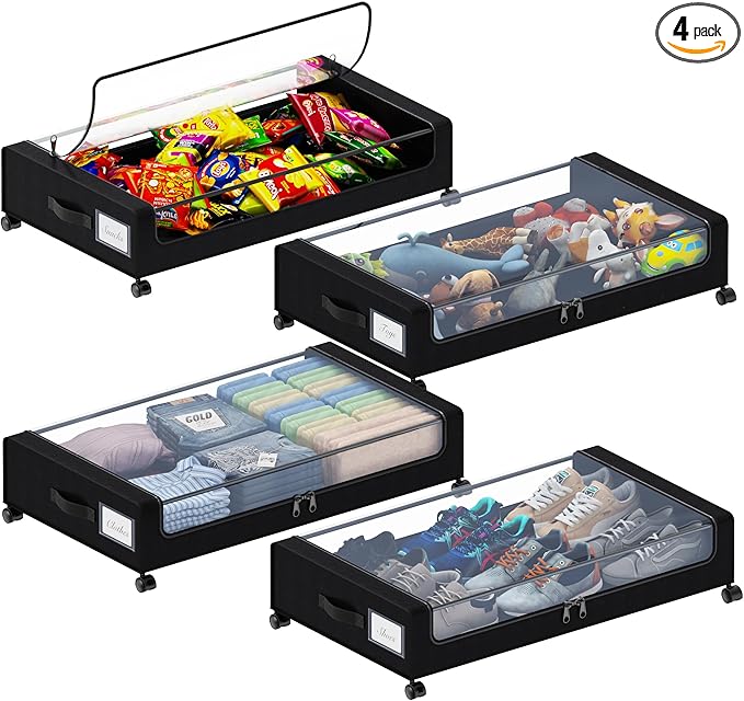 Tututry Under Bed Storage with Wheels, XXL 60L Under the Bed Storage Bins, Underbed Storage Containers with Lids & Label, Rolling Metal Drawer for Shoes, Clothes, Books, Toys (4-Pack Black)