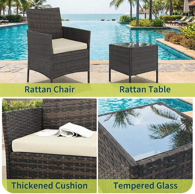 GarveeHome 3-Piece Patio Bistro Set, PE Rattan Outdoor Conversation Furniture with 2 Cushioned Chairs & Coffee Table, Weather-Resistant for Backyard, Balcony, Porch (Beige Cushion)