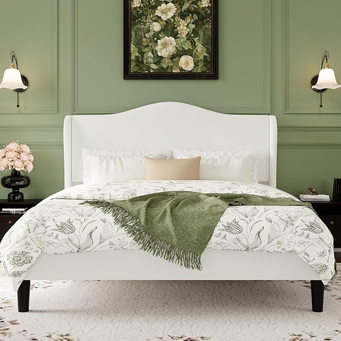 SHA CERLIN Full Size Velvet Platform Bed Frame with Elegant Wingback Headboard, Modern & Luxurious Design, Sturdy Wooden Slats, No Box Spring Required, Easy Assembly, Noise-Free, Soft White