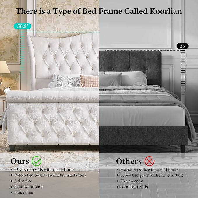 koorlian King Bed Frame,Chenille Upholstered Sleigh Bed with Scroll Wingback Headboard & Footboard,Luxury & Soft Button Tufted Modern King Bed,Easy Assembly,No Box Spring Needed