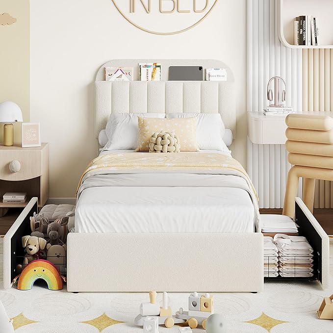 IDEALHOUSE Twin XL Bed Frame for Kids, Boucle Upholstered Platform Bed for Boys/Girls with 2 Flexible Drawers, Bookcase Headboard, Noise-Free, Easy Assembly, No Box Spring Needed, Beige