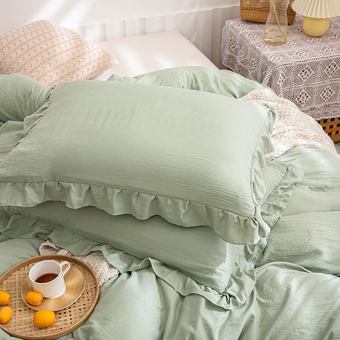 Green Pillow Shams Sage Green Ruffle Standard Pillowcases Cute Pillow Cover Set of 2 Shabby Chic Sea Green Pillowcases 2 Pack (Queen (20''x30''), Sea Green)