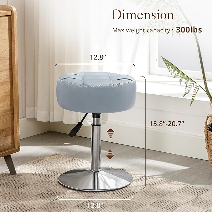 LUE BONA Height Adjustable Vanity Stool 15.8"-20.7", 360° Swivel Grayish Blue Faux Leather Chair, 300lb Capacity for Makeup Room, Bathroom