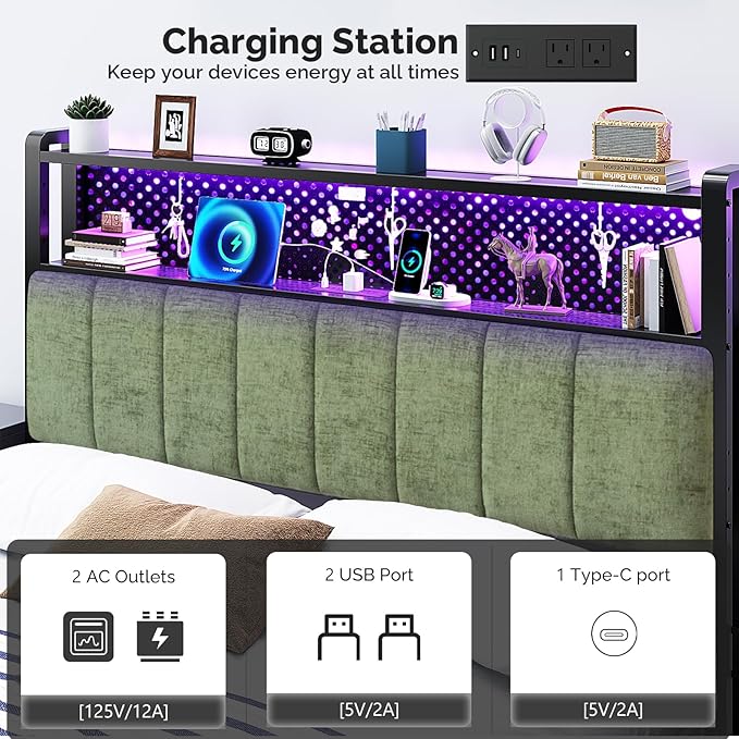 VINGLI Sage Green King Size Headboard for Bed with Storage, Upholstered Head Board with Charger and LED Light, 2 Tier Shelves and Pegboard,Height Adjustable
