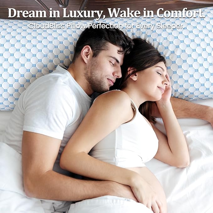 CloudBliss Cooling Bed Set of 2 Pillows for Sleeping, Shredded Memory Foam Pillows with Washable & Breathable Pillowcase, Adjustable Height Pillow for Side, Back and Stomach Sleepers, Standard Size