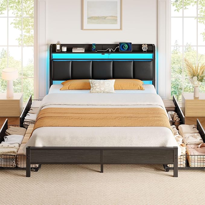 Rolanstar Bed Frame Queen Size with Charging Station and LED Lights, Upholstered Storage Headboard with Drawers, Heavy Duty Metal Slats, No Box Spring Needed, Easy Assembly, Black