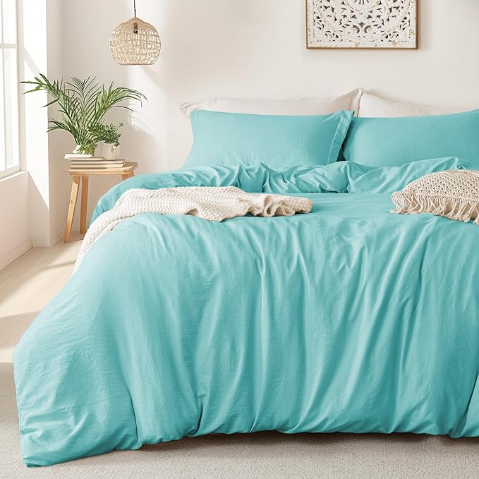 MILDLY Super Soft Duvet Cover - 100% Washed Microfiber Aqua Blue Comforter Cover Set 3 Pieces with Zipper Closure & Corner Ties (No Comforter)