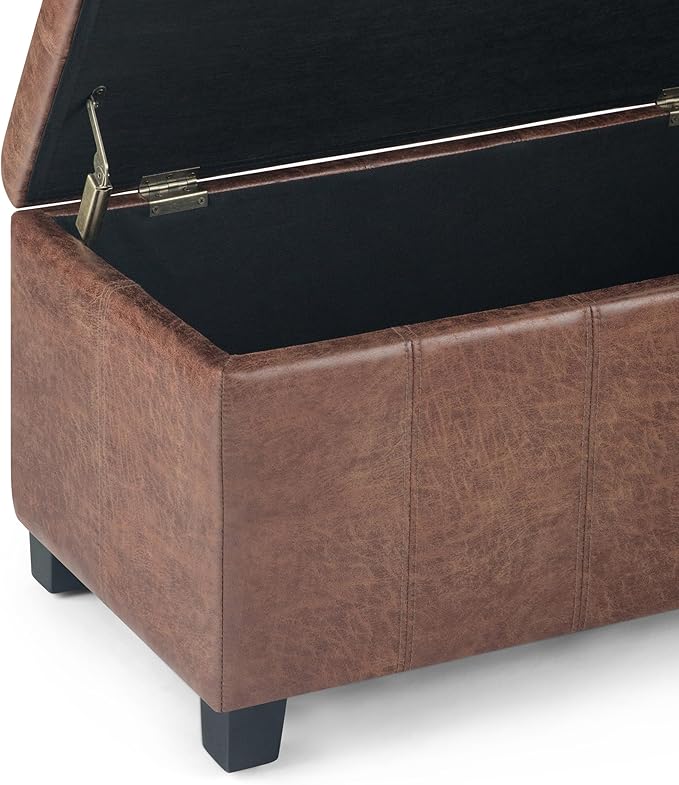 SIMPLIHOME Dover Storage Ottoman Bench - 36 inch Wide Upholstered Vegan Leather Rectangular Lift-Top Ottoman in Distressed Umber Brown, Contemporary Bench for Living Room with Safety Hinges