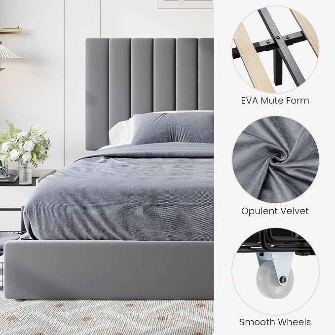SHA CERLIN King Size Platform Bed Frame with 4 Storage Drawers, Vertical Channel Tufted Adjustable Headboard, Velvet Upholstered, Wooden Slats Support, No Box Spring Needed, Easy Assembly, Grey