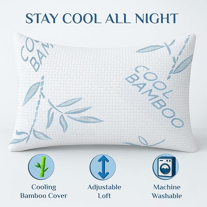 OMEO 2 Pack Bamboo Pillow King Size for Sleeping, Hypoallergenic Cooling Shredded Memory Foam Bed Pillows for Side, Back and Stomach Sleepers, Adjustable Loft and Washable Cover 20" x 36"