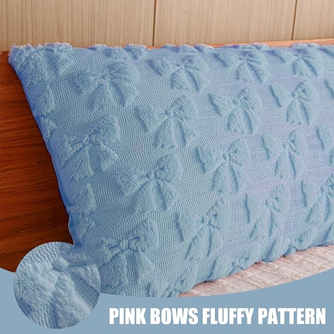 SmoothNovelty Blue Bow Body Pillow Cover 20 x 54 Inches Coquette Long Body Pillowcase with Zipper Closure Coquette Room Decor Cute Faux Fur Soft Aesthetic Pillow Covers for Bed Sofa Couch