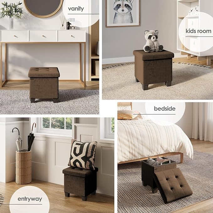 Storage Ottoman Cube with Small Bin, 15-in Square Ottoman with Storage for Living Room and Bedroom, Small Ottomans Foot Rest, Velvet Foot Stools Ottomans Max 330lbs, Brown