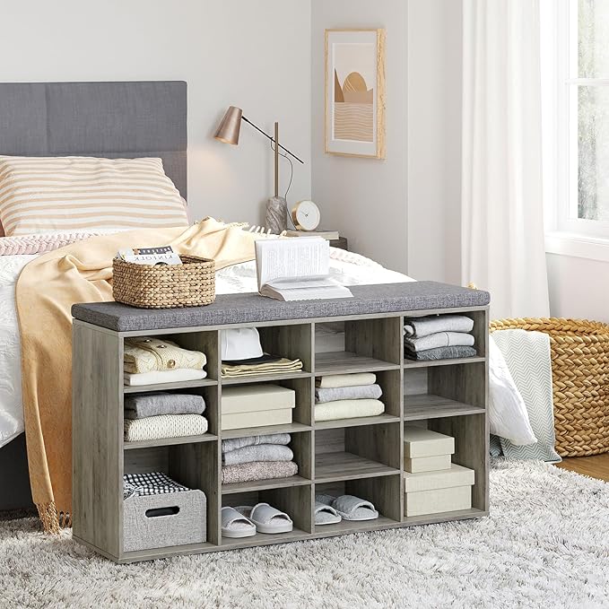 DINZI LVJ Shoe Storage Bench with Cushion, 16-Cubby Shoe Rack, Adjustable Shelves, Multifunctional Shoe Organizer Bench for Entryway, Mudroom, Hallway, Living Room, Bedroom and Garage, Gray Wash