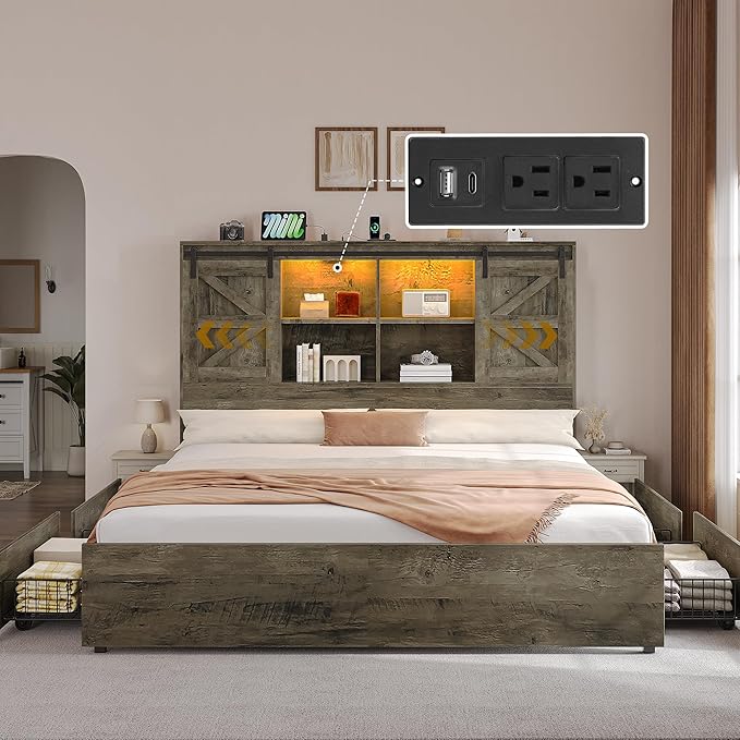 YITAHOME Farmhouse King Size Bed Frame with Storage Bookcase Headboard, Sliding Barn Door, 4 Storage Drawers, RGB LED Bed Frame with USB Charging Station, No Box Spring Needed, Cement Grey