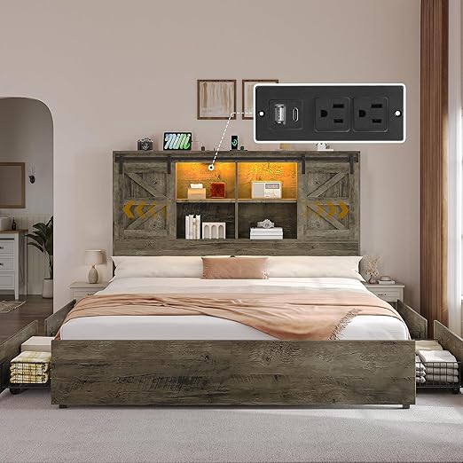 DWVO Farmhouse King Size Bed Frame with Storage Bookcase Headboard, Sliding Barn Door, 4 Storage Drawers, RGB LED Bed Frame with USB Charging Station, No Box Spring Needed, Cement Grey