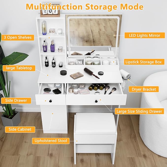 KAMABOKO Vanity Desk with Mirror and Lights, Makeup Vanity Table with Drawers & Shelves, Power Outlet, Dressing Table with Jewelry Storage for Bedroom (007 White)