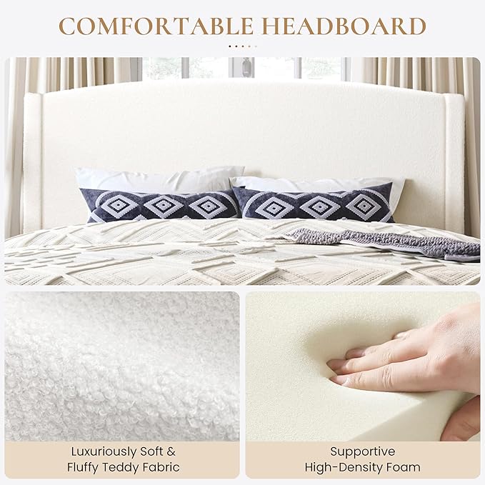 SHA CERLIN King Size Bed Frame with Soft Teddy Fabric, Boucle Upholstered Platform Bed, Curved Headboard Design, Wooden Slats Support, Noise-Free, No Box Spring Needed, Easy Assembly, White