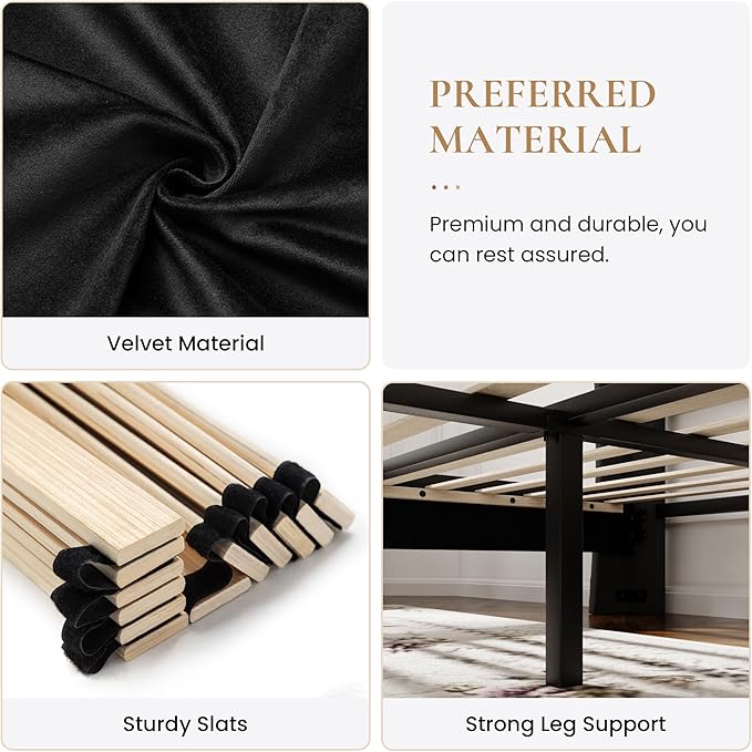 SHA CERLIN King Size Velvet Platform Bed Frame with Elegant Wingback Headboard, Modern & Luxurious Design, Sturdy Wooden Slats, No Box Spring Required, Easy Assembly, Noise-Free, Soft Black