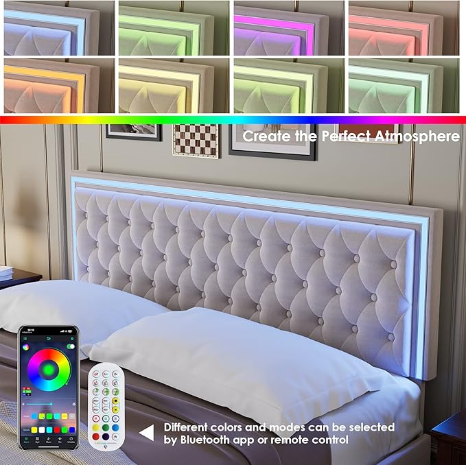 Keyluv Full Upholstered LED Bed Frame with 4 Drawers, Velvet Platform Storage Bed with Adjustable Button Tufted Headboard and Solid Wooden Slats Support, No Box Spring Needed, Beige