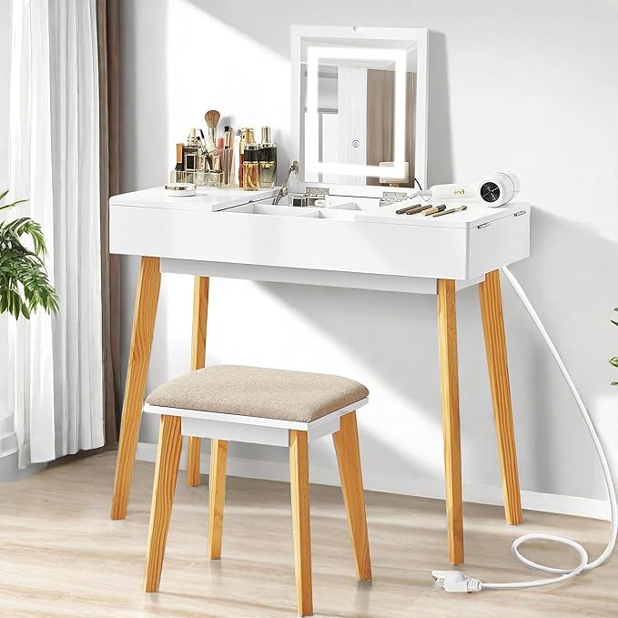 Small Vanity Desk, Flip Top Makeup Vanity, Makeup Vanity Desk with Mirror & LED Light, Power Outlet, Compact Dressing Table with Cushioning Stool, Vanity Desk Set for Kids, White