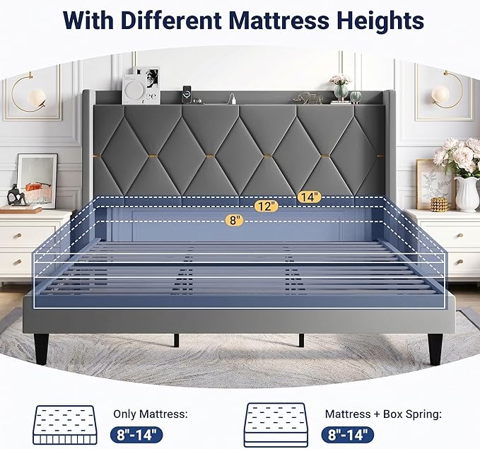 Allewie Velvet King Size Upholstered Bed Frame with Wingback Storage Headboard & Charging Station, Platform Bed with Diamond Tufted Design & Gold Trim, No Box Spring Needed, Easy Assembly, Grey