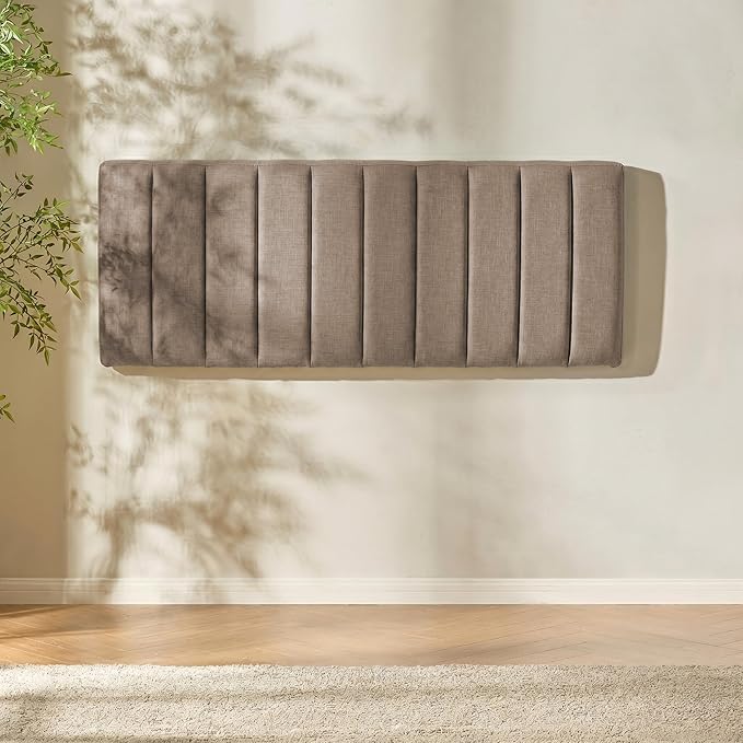 Hearth & Harbor Upholstered Full Headboard - Easy Assemble Channel Stitched Headboard Full Size - Wall Mounted Headboards with 3D Soundproof Wall Panels Peel & Stick Floating Headboards, Mocha