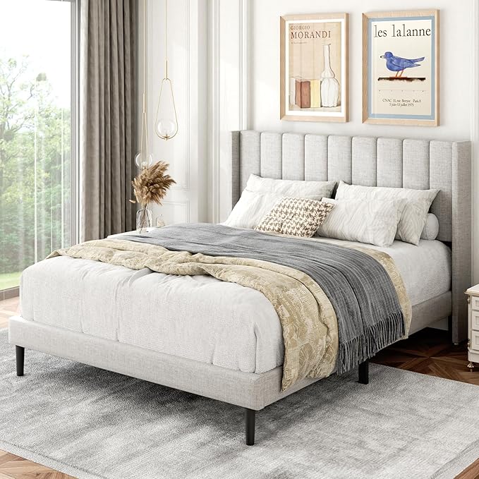 Gruwans Full Size Bed Frame with Upholstered Wingback Headboard, Easy Assemnly Platform Bed, Wooden Slat Support No Box Spring Needed, Sand