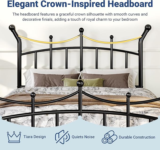 Allewie 14 Inches Twin Size Metal Platform Bed Frame with Elegant Crown Iron-Art Headboard & Footboard, Sturdy Mattress Foundation with Under-Bed Storage, Easy Assembly, No Box Spring Needed, Black