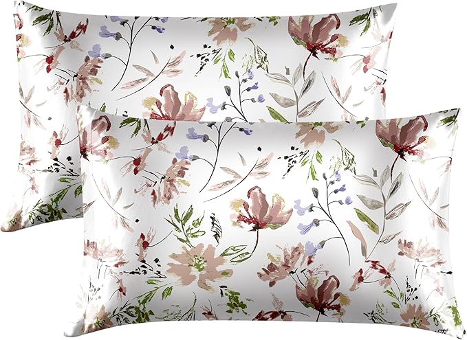 EXQ Home Satin Pillowcase for Hair and Skin Queen - Printed Blush Vine Silk Pillow Cases 2 Pack 20x30 inches - Satin Pillow Cases Set of 2 with Envelope Closure, Gifts for Women Men