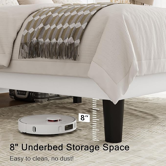Einhomn Queen Size Platform Bed Frame with Velvet Upholstered Wingback Headboard, 10" Under Bed Space, Wooden & Metal Slats Support, No Box Spring Needed, White