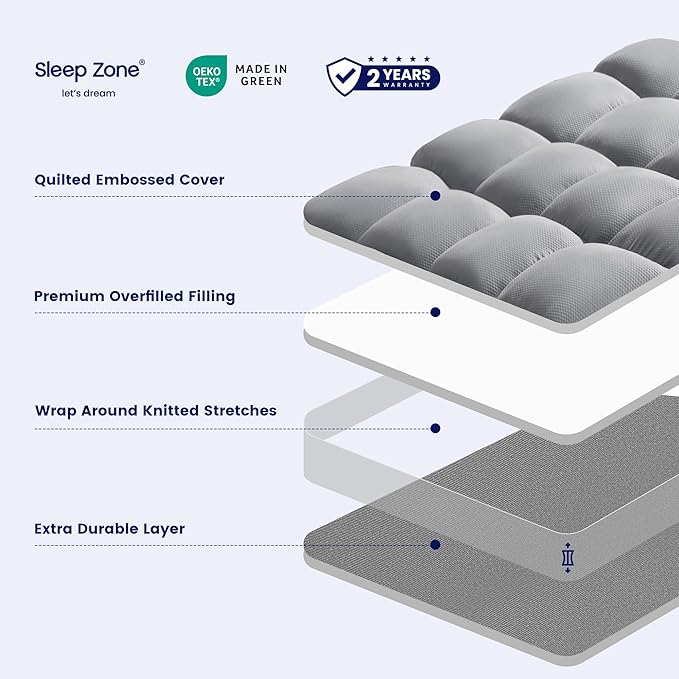 SLEEP ZONE Mattress Topper, Extra Thick Fitted Mattress Pad for Back Pain, Plush and Support Mattress Cover, Deep Pockets Mattress Protector, Hotel Quality (Grey, California King)
