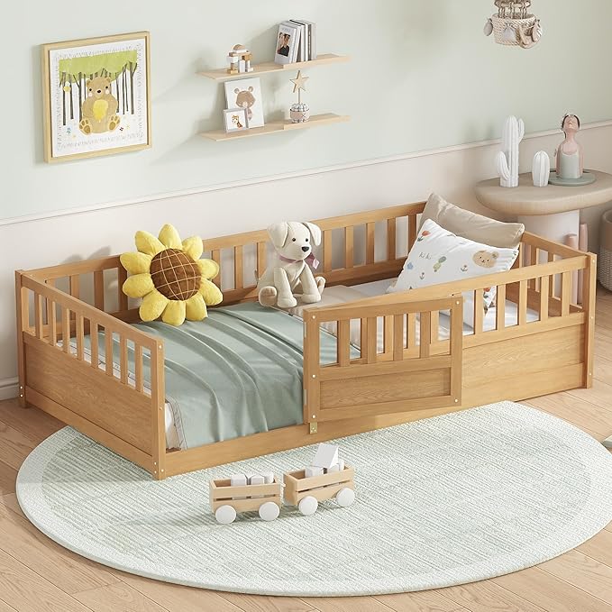 Bellemave Twin Size Floor Bed with Fence and Door, Montessori Floor Bed with Slats, Twin Size Montessori Beds for Kids, Girls, Boys, Natural