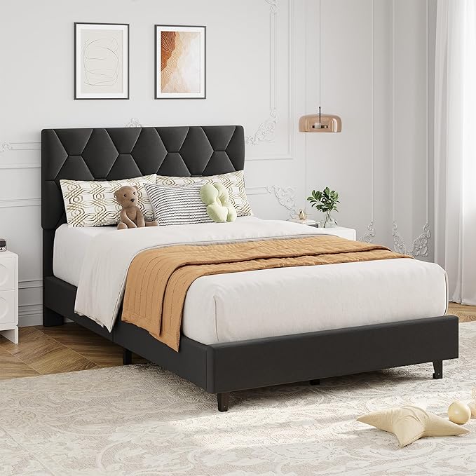 GarveeHome Twin Size Platform Bed Frame with Upholstered Headboard and Wooden Slats Support, Upholstered Mattress Foundation/No Box Spring Needed/Easy Assembly, Gray