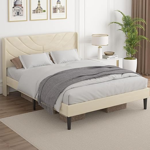 VECELO Upholstered Platform Full Bed Frame with Fabric Headboard,Wooden Slats Support/No Box Spring Needed/Mattress Foundation,Beige