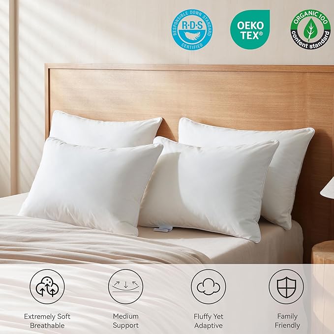 Goose Feather Down Pillows King Size Set of 1, Soft Pillows with 100% Organic Cotton Fabric, Luxury Hotel Quality Bed Pillow 1 Pack for Sleeping, Breathable & Fluffy (20" x 36")