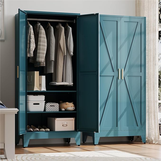Baborokic Metal Armoire Wardrobe Closet with Hanging Rod,71H Metal Cabinet with Doors and Shelves,Bedroom Armoire Closet Organizers,Storage Cabinets for Bedroom,Office,Laundry Room(Blue)
