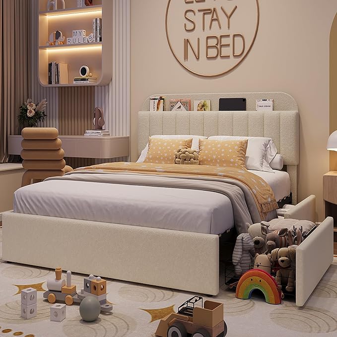 IDEALHOUSE Queen Bed Frame with 2 Flexible Drawers and Bookcase Headboard, Boucle Upholstered Platform Bed for Boys/Girls, Noise-Free, Easy Assembly, No Box Spring Needed, Beige