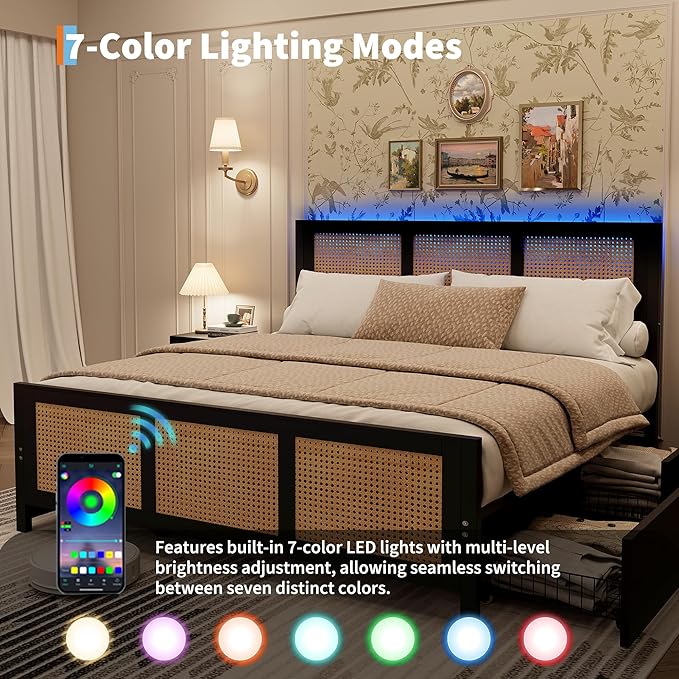 IDEALHOUSE Rattan Bed Frame with Storage Drawers, Boho Full Size Led Bed Frame with Strong Metal Slats Support, No Box Spring Needed, Noise-Free Design, Black