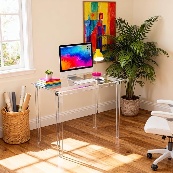 Acrylic Desk, Clear Modern Writing Table for Home Office (Clear, Small)