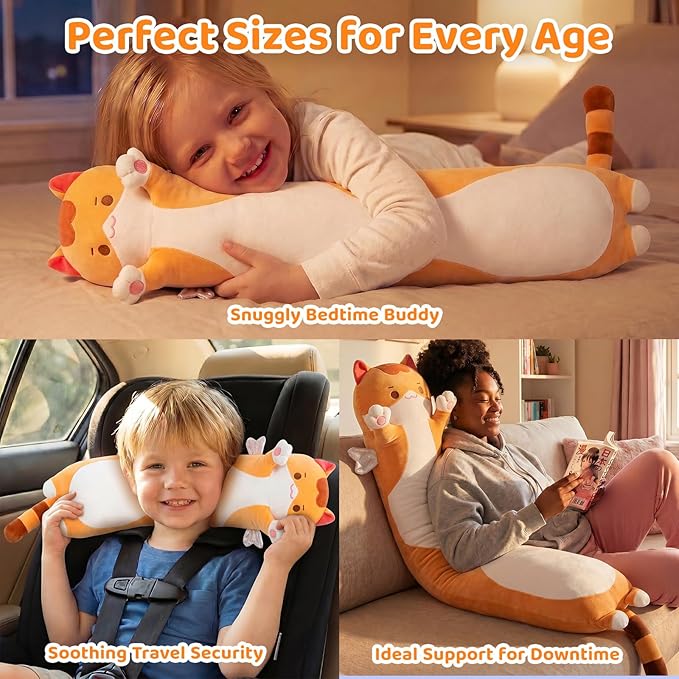 Mewaii Long Cat Plush Body Pillow, 28” Cute Brown Stuffed Animals Soft Plushies, Kitten Doll Toy Gift for Girlfriend
