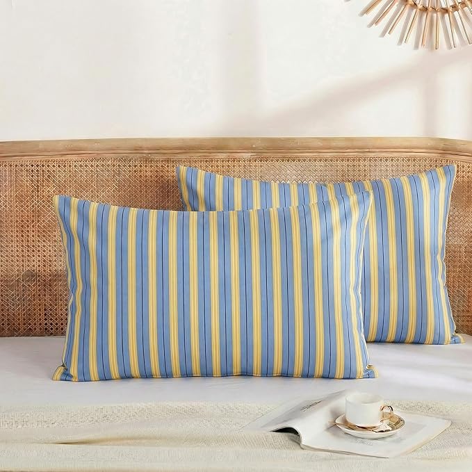Merryword Blue & Yellow Striped Pillowcases, 100% Cotton Pillow Cases, King Size Pillowcases, Soft Breathable Ribbon Stripe Pillow Covers, Set of 2