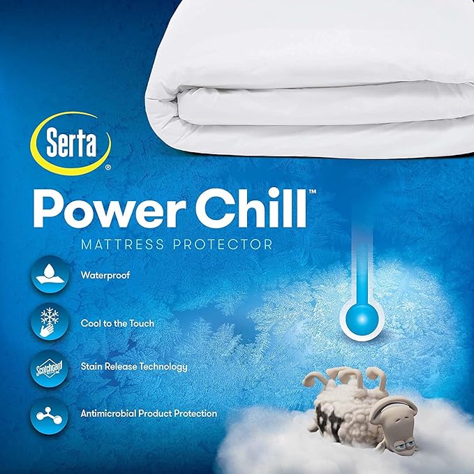 Serta Power Chill Twin XL Size Waterproof Mattress Cover, Soft and Breathable Cooling Mattress Protector, 15" Elastic Deep Pocket for Secure Fit, White