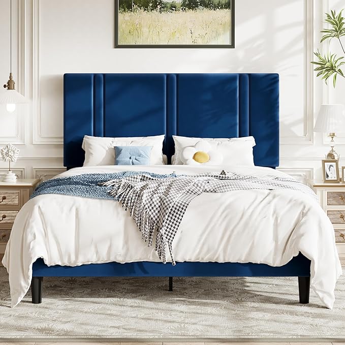 Allewie Full Size Platform Bed Frame with Adjustable Headboard, Plush Velvet Upholstered, Vertical Channel Tufted, Sturdy Wooden Slats, No Box Spring Needed, Easy Assembly, Blue