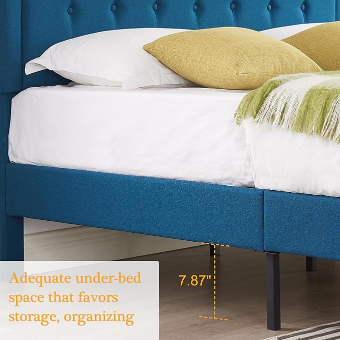 VECELO Queen Size Platform Bed Frame with Fabric Upholstered Headboard and Wooden Slats Support, No Box Spring Needed/Easy Assembly,Blue