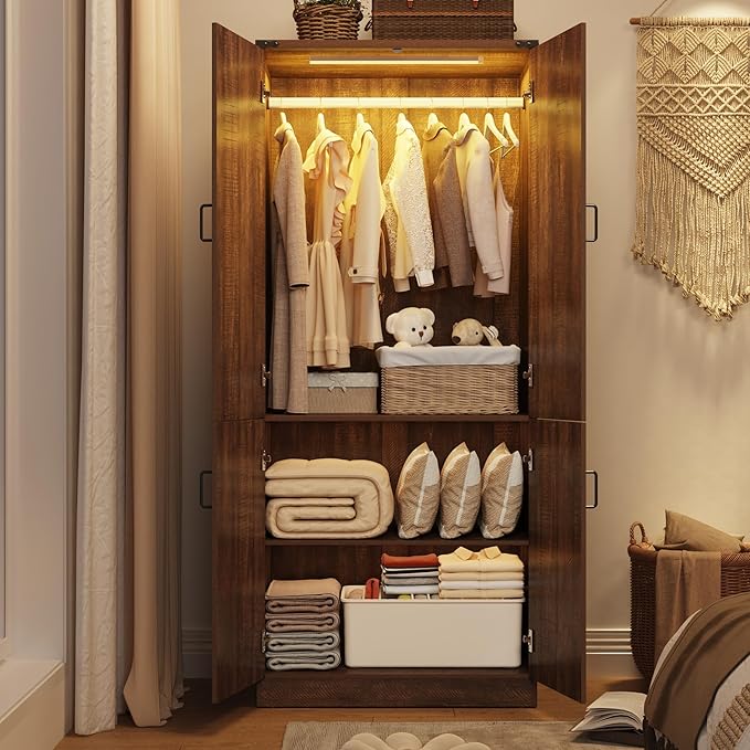 Hlivelood 75" Tall Farmhouse 2 Doors Armoire Wardrobe Closet with LED,Freestanding Closet Wardrobe Cabinet for Bedroom with Hanging Rod,Wooden Armoire Storage Cabinet with Adjustable Shelves(Brown)