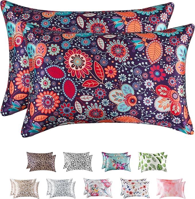 MR&HM Satin Pillowcase for Hair and Skin, Silk Satin Pillowcase 2 Pack, Standard Size Pillow Cases Set of 2, Silky Pillow Cover with Envelope Closure (20x26, Boho Floral)