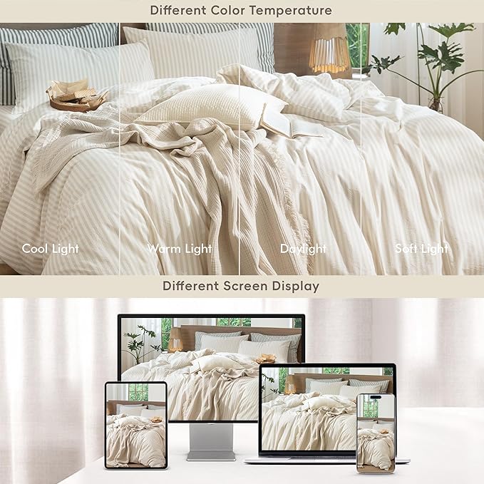 MooMee Striped Duvet Cover Set 100% Washed Cotton Linen Like Textured Breathable Durable Soft Comfy (Almond Milk Grey Classic Stripes, Palatial King/Oversized King 120"x98")