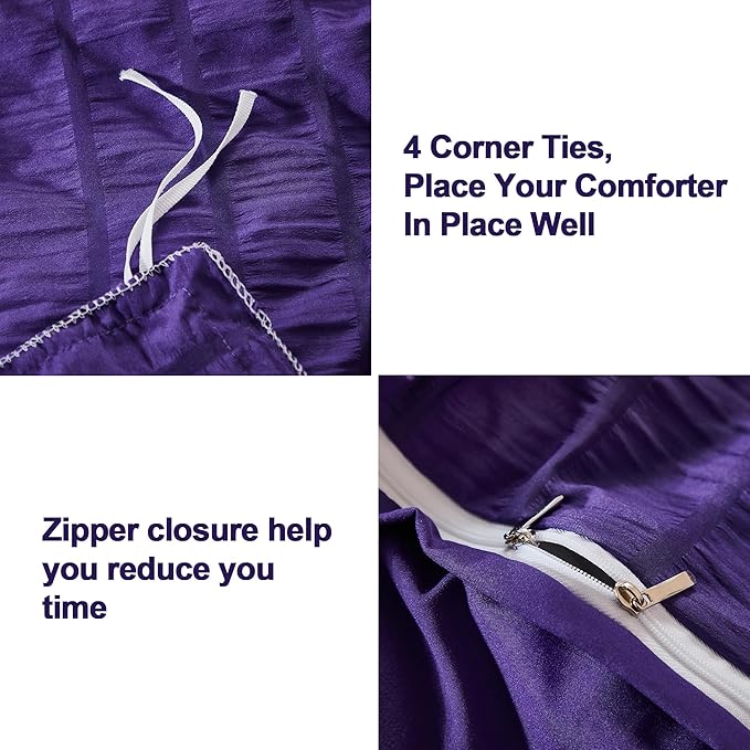 AveLom Dark Purple Duvet Cover Cal King(104 x 98 inches), 3 Pieces (1 Duvet Cover, 2 Pillowcases), Seersucker Striped Soft Washed Microfiber, Textured Duvet Cover Set with Zipper Closure, Corner Ties